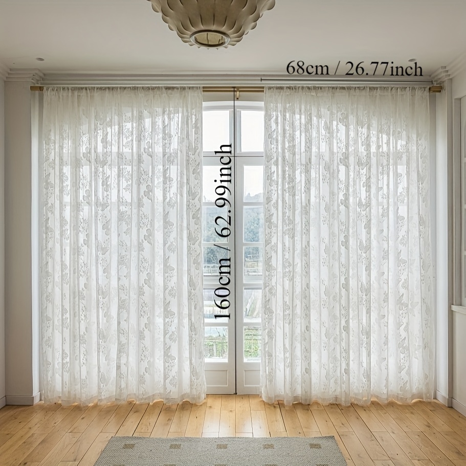 Image of 2pcs Color Gold Lace Jacquard Embroidered Curtains, Sand Curtains, Perfect For Living Room, Balcony, Study, Bedroom, Home Office, Dining Room, With Rod
