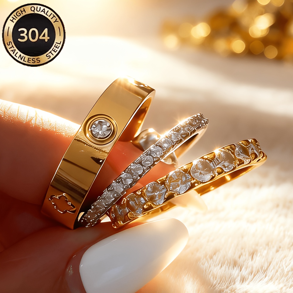 TEMU Ensemble de 3 bagues en acier inoxydable 304, bague trémail gravée plaquée or , bague de doigt empilée anti-décoloration et anti-allergie,
