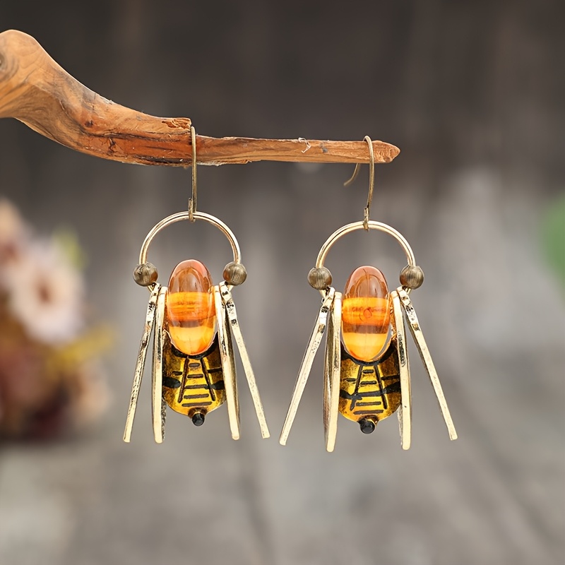 TEMU 1 Pair Vintage Bohemian Bee Long Chain Earrings - Lightweight Vintage Jewelry With , Amber, Golden & - Women's Party, Everyday, Vacation Dangle