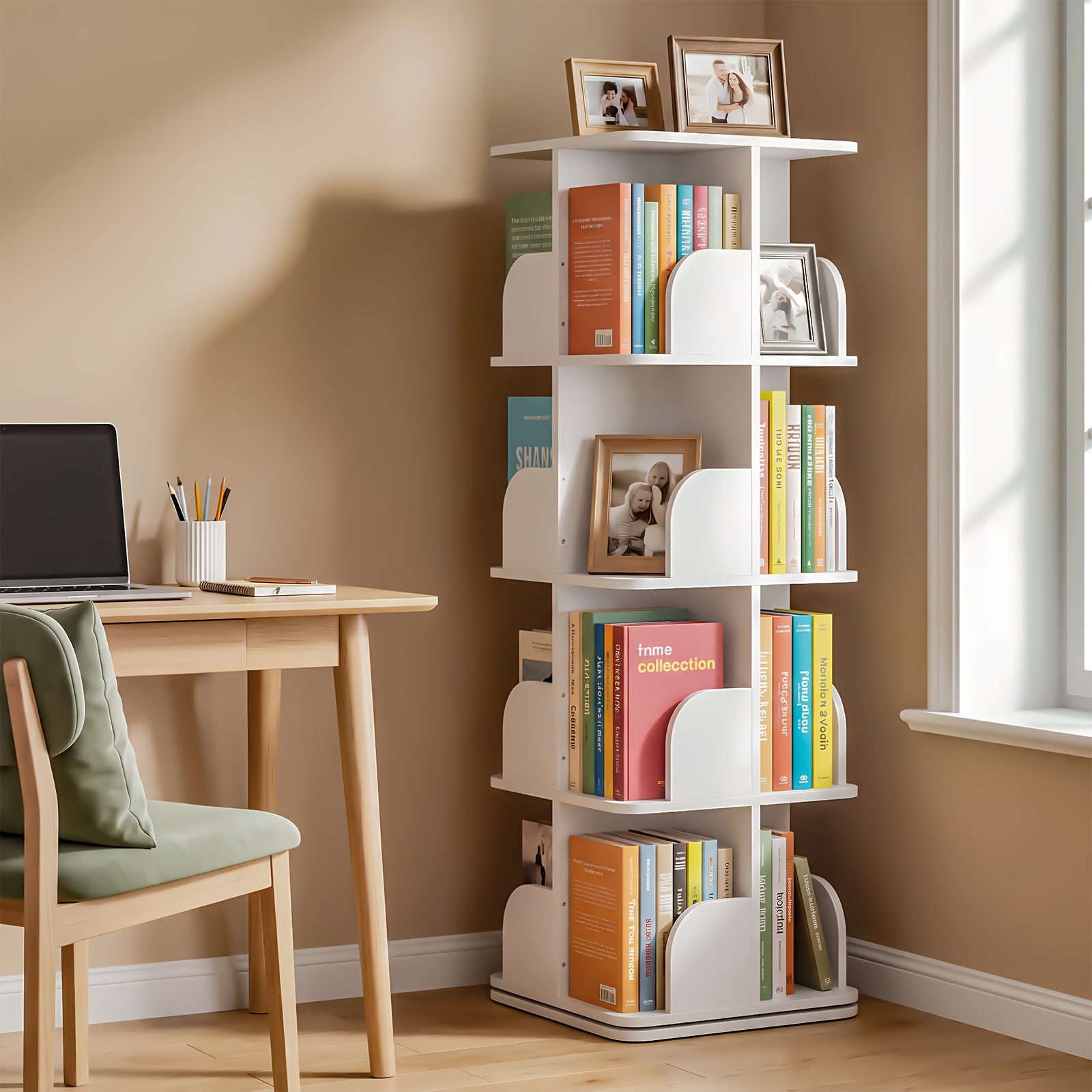 TEMU 4 Tier Rotating Bookshelf, Adjustable Tiers Square Revolving Bookcase, Corner Bookshelf, White Bookcase, 40*40*127.5cm