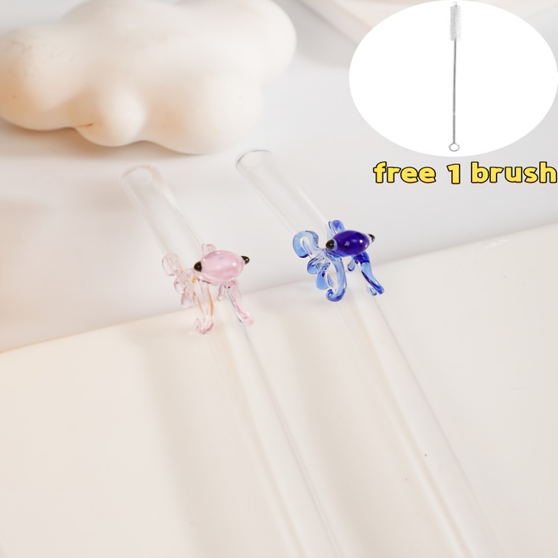 Image of Edition Octopus-shaped Glass Straw - Pink + Blue | Halloween × Ocean Dual Theme | Reusable | Includes Cleaning Brush | Gift For Girlfriend/lovers, Party