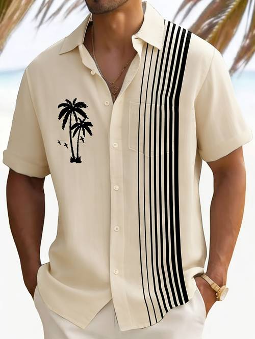 mens casual coconut tree stripe print button pocket short sleeve shirt