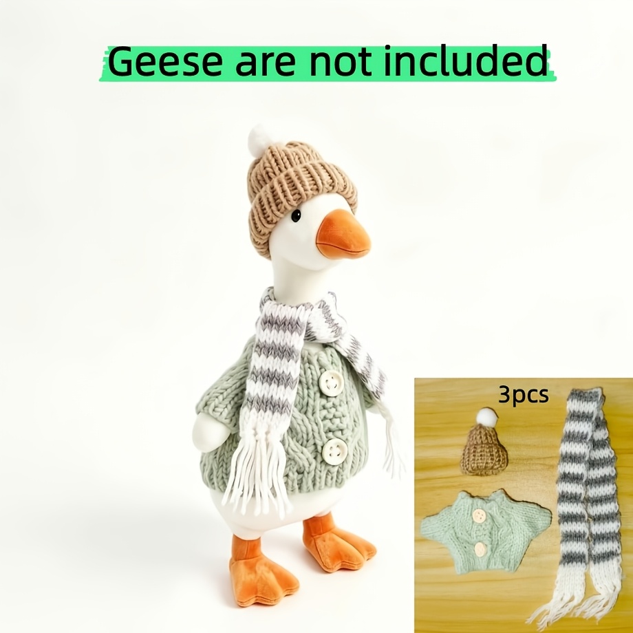 TEMU 7-inch Bohemian Style Desktop Goose Clothing- Includes Pom-pom Knit Hat, Light Green Button-up Jacket, Gray Striped Scarf. Suitable For