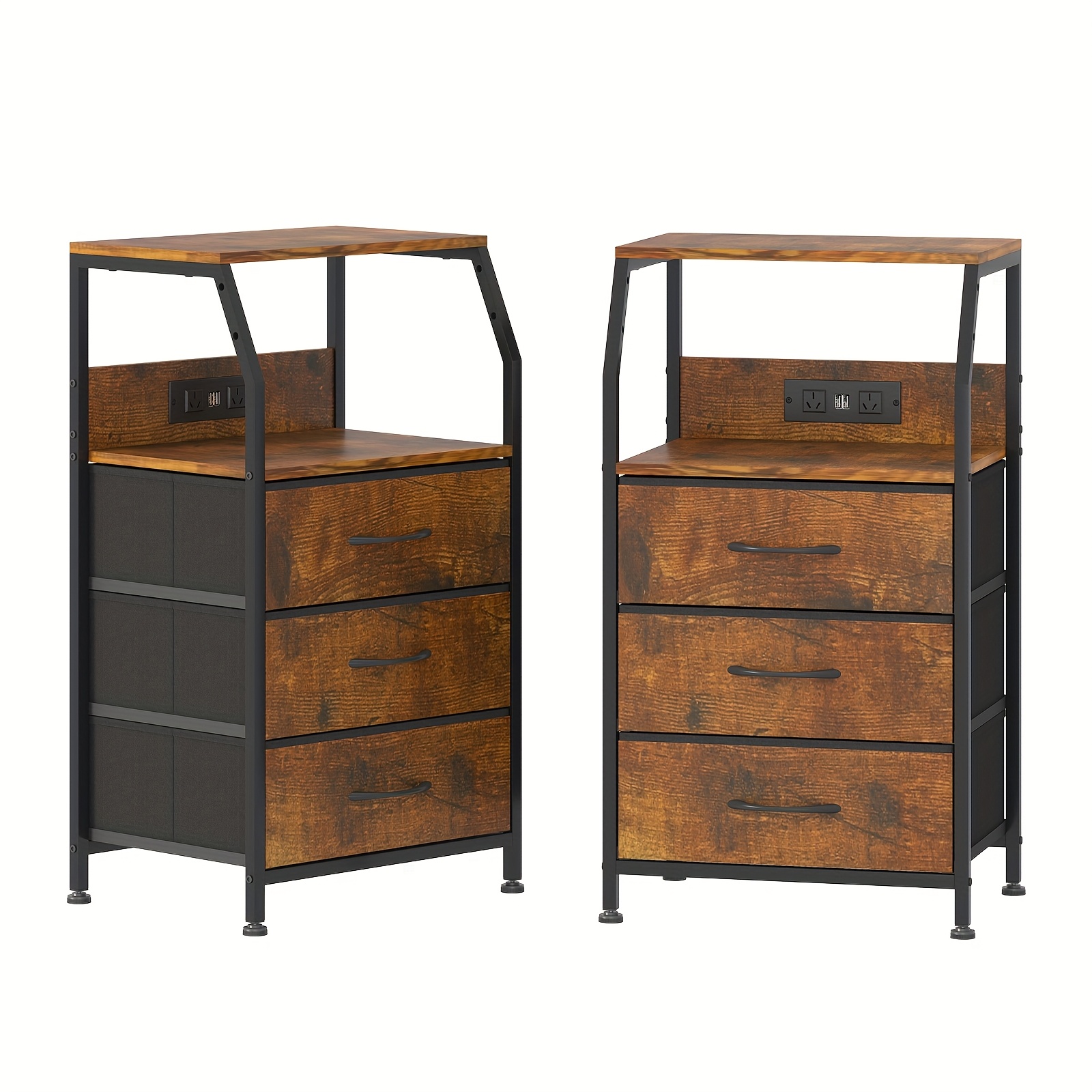 TEMU Advwin Set Of 2 Nightstand With Charging Station, Living Room Side Tables With 3 Fabric Drawers & Storage Shelf, Bedroom Night Stand With Usb