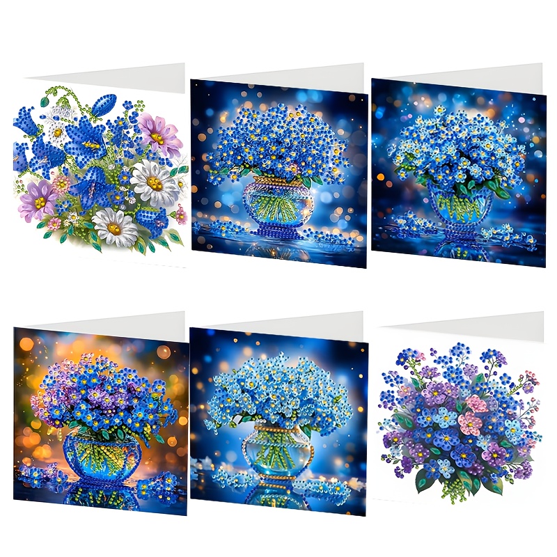 TEMU 6pcs Set Of Vibrant Floral Greeting Cards - Round Diamonds, High-quality Paper, Christmas, Birthdays, Thanksgiving, And Special Occasions, Gift