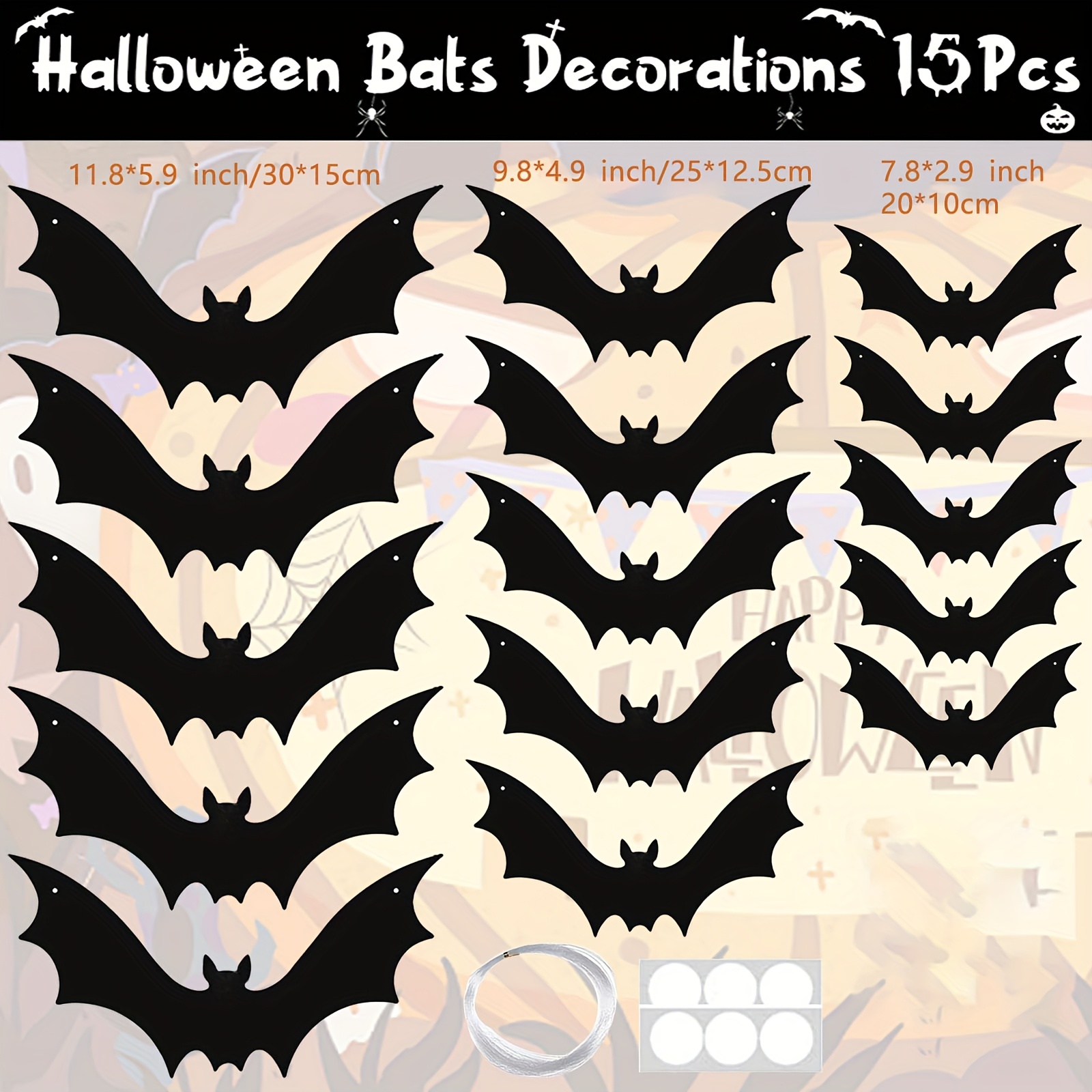 Image of 15pcs Bat Halloween Outdoor Decoration Hanging, Large Scary Black Fake Bat Hanging, Halloween Yard Sign Outdoor Indoor Party Supplies Wall Sticker 3 Sizes Halloween Christmas Decorations