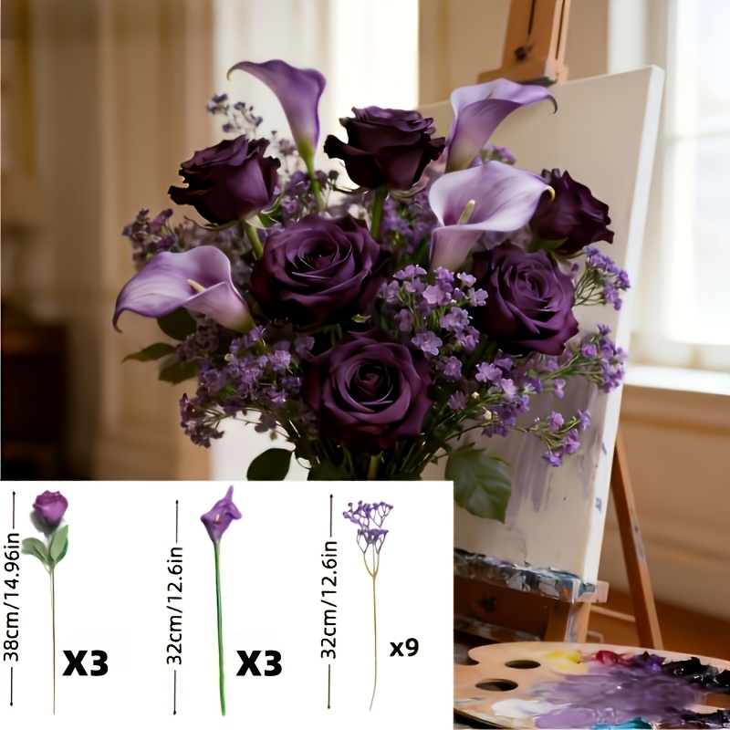 TEMU 15pcs = 3pcs 3pcs Purple Rose And 9pcs Purple 's Breath Artificial Fake Flower Bouquet, Wedding Bouquet/gift For Bride | Wedding/valentine's