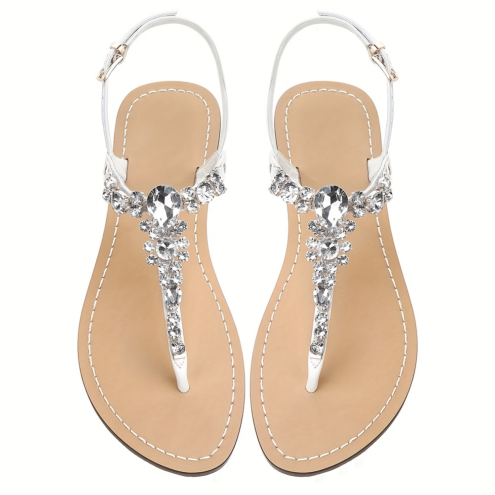 

Summer Flat Sandals For Women, T-strap Bohemia Style Rhinestone Flip Flops For Wedding Beach Oceanside Outdoor Summer Shoes Shopping