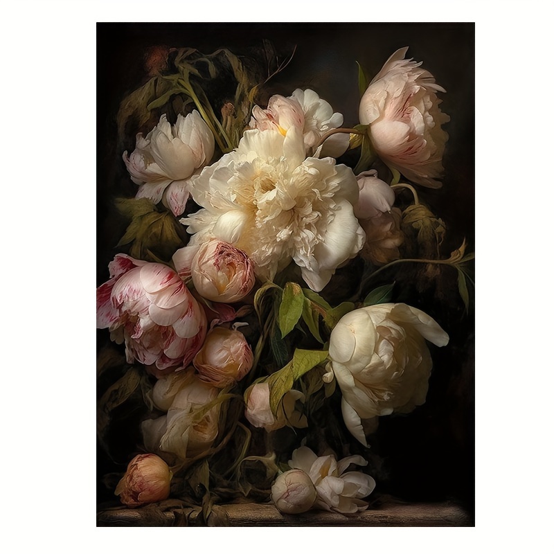 

Vintage Peony Canvas Art - Dark Academia Botanical Wall Decor, Antique Aesthetic Oil Painting For Farmhouse & Cottagecore, 12x16 Inches, Unframed