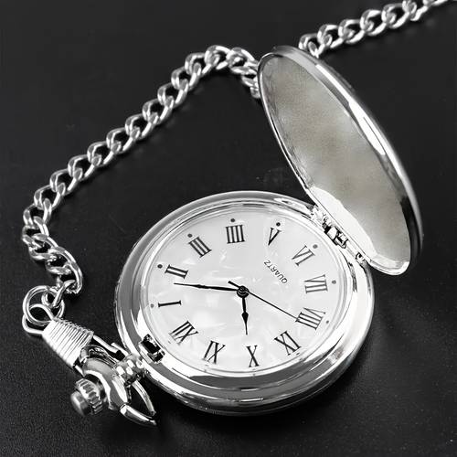 montre de poche argentée avec et aiguilles en chiffres romains, pour du style à vos tenues, cadeaux festifs, unisexe