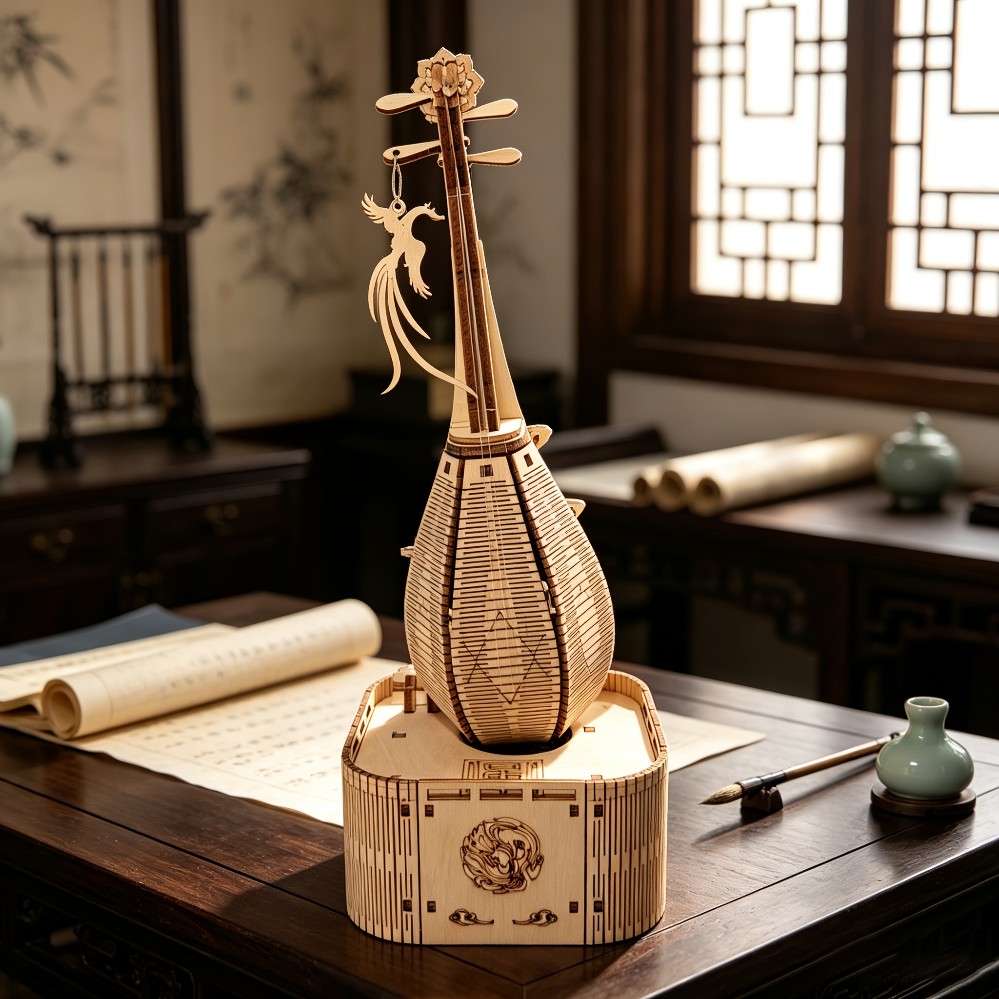 Wooden Pipa Music Box 3D Puzzle, Rotating Ornament