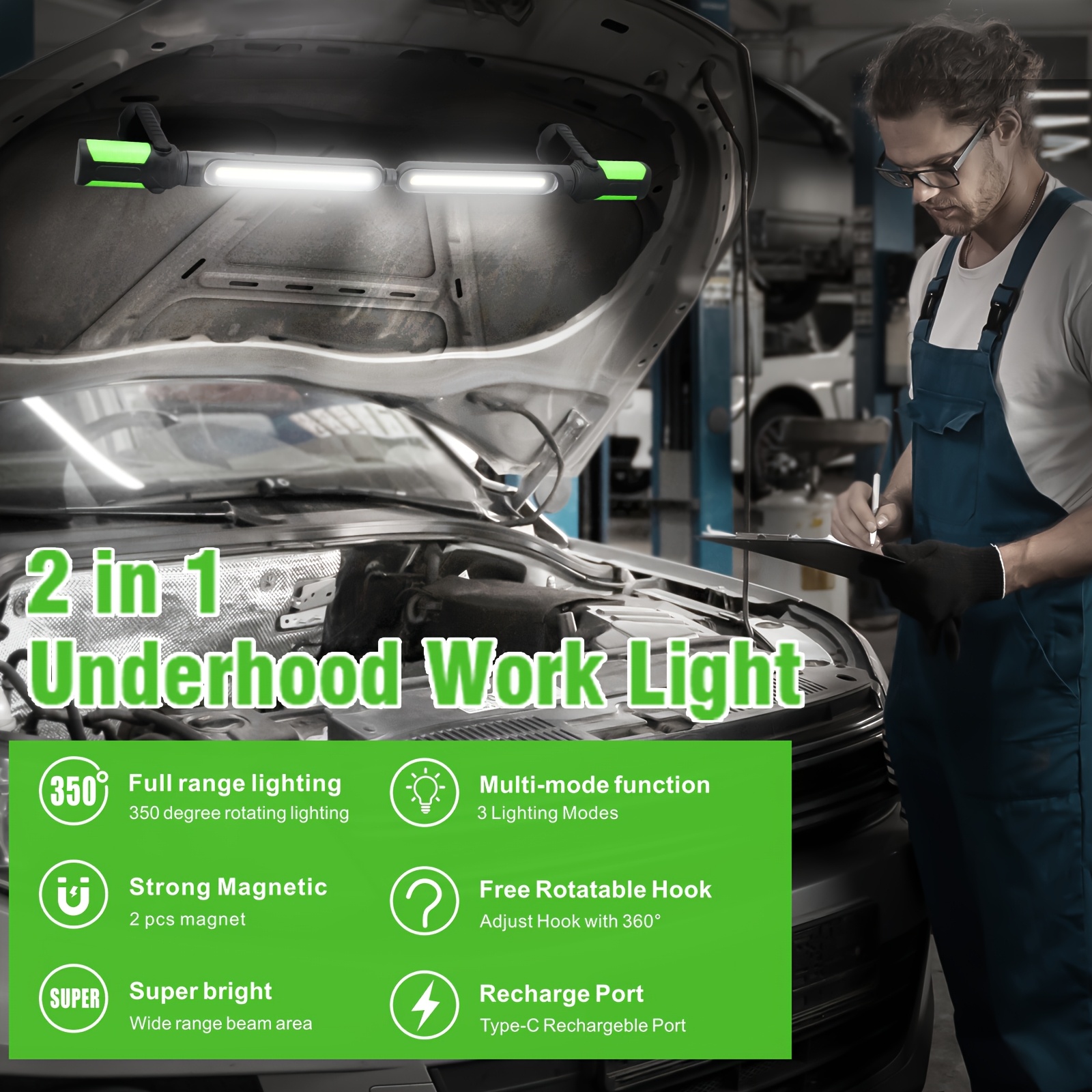 Rechargeable Cordless Magnetic LED Work Light with Magnetic Base & Hook - Portable Mechanic Light, Adjustable Brightness for Car Repair, Workshop, Emergency, Underhood, - /Outdoor Use 11 Rechargeable Cordless Magnetic LED Work Light with Magnetic Base & Hook - Portable Mechanic Light, Adjustable Brightness for Car Repair, Workshop, Emergency, Underhood, - /Outdoor Use