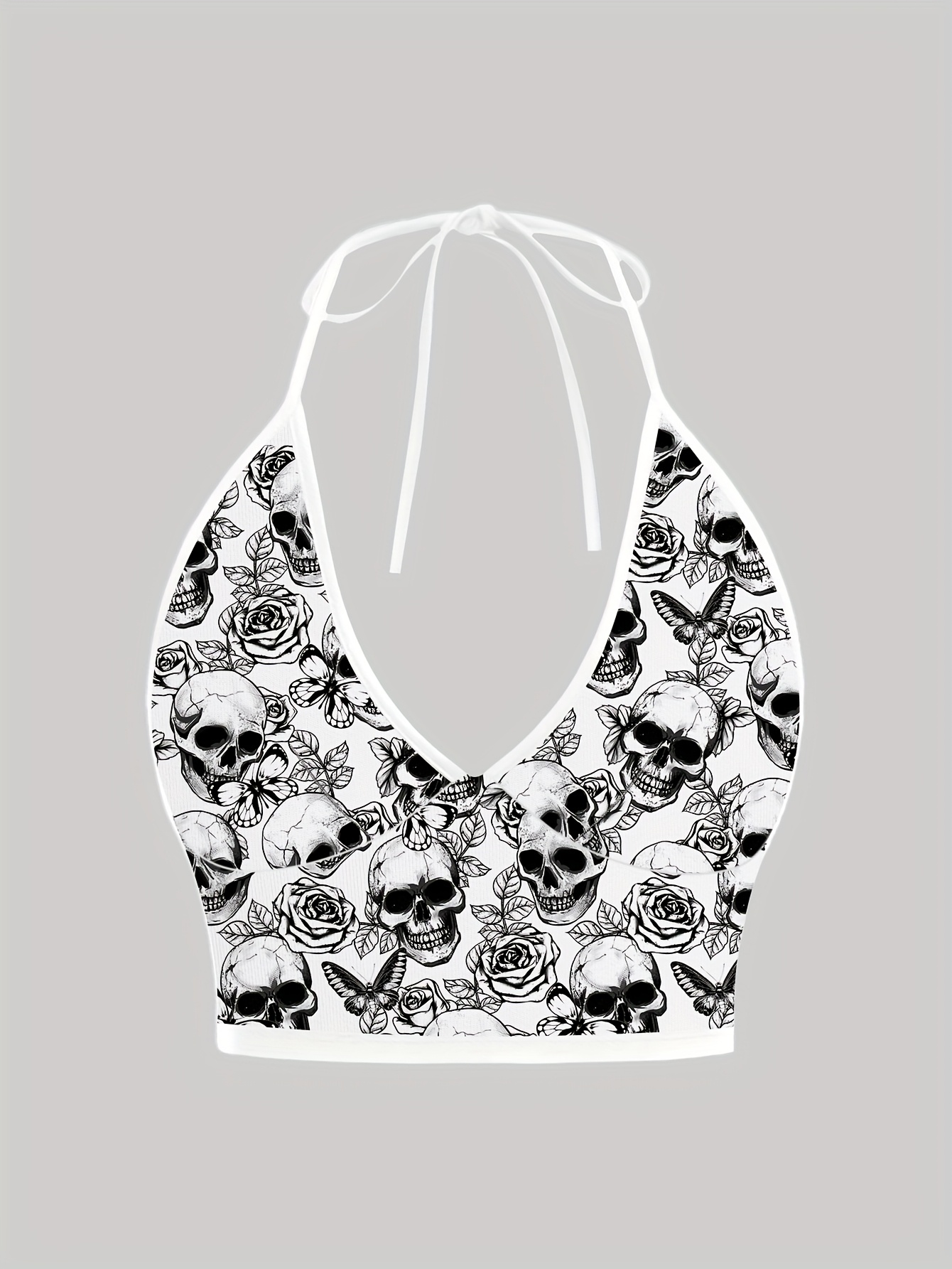 y2k gothic skeleton print backless crop top black white - Temu