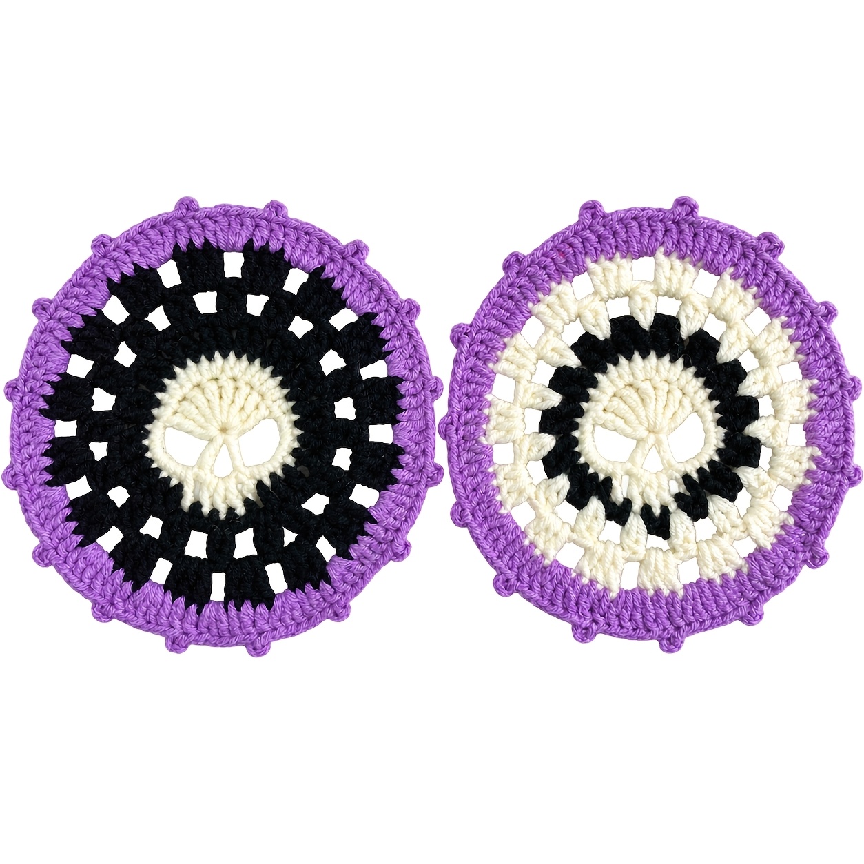 TEMU Ensemble de 2 sous-verres crâne au crochet fait main pour Halloween, tapis de boisson gothique artisanal, sous-verres crâne violet et noir,