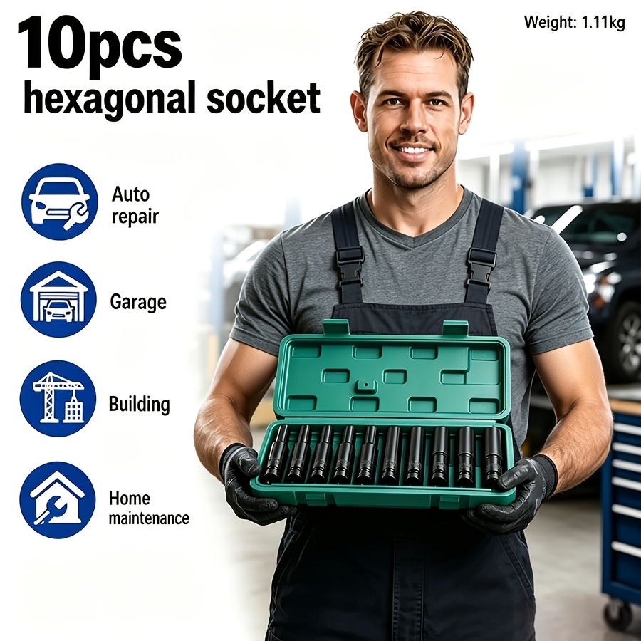 TEMU Bourvill 10pcs 1/2-inch Deep Impact Socket Set With Sturdy Green Storage Case, Pneumatic& Electric Drill Compatible, Ideal For Tire Removal,