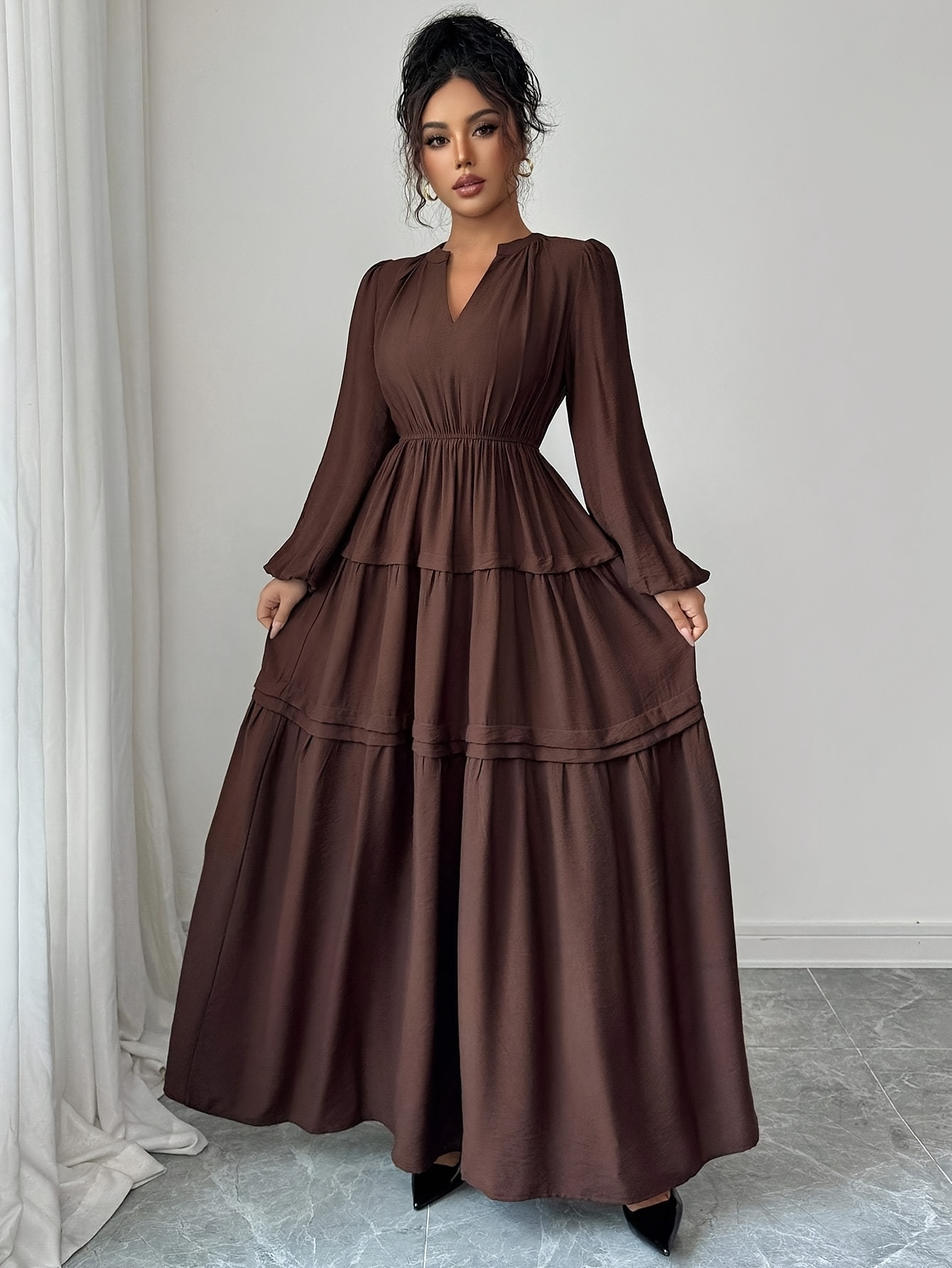 brown a line dress with sleeves Satin A Line Midi Dress With Turndown Collar