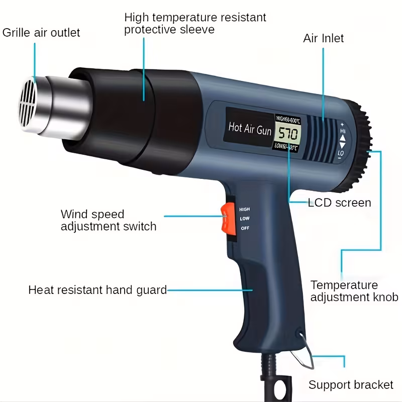 2500w heat gun hot air gun dual temperature settings 352 f 1202 heating hot air gun electric hand tool for bending plastic drying thawing handicrafts and shrinking pvc peeling paint Product details 0