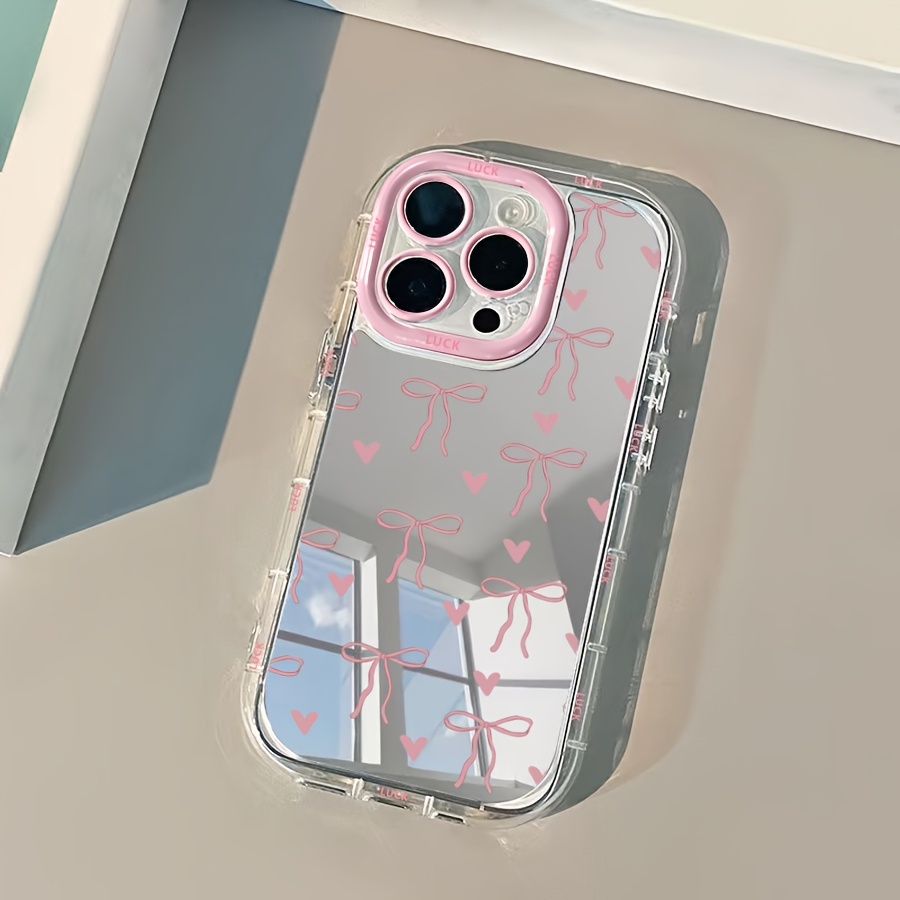 TEMU Phone Case: Pink Heart Bow Mirror Phone Case, Used As A Simple Outdoor Makeup Mirror. Suitable For Iphone 17/16/11/13/ Plus/15 Pro/15 Pro