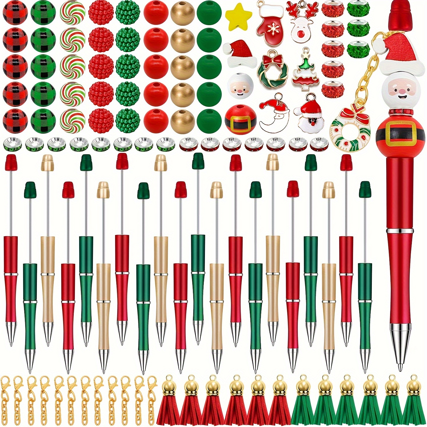 

Festive Christmas Diy Bead Pen Set: 104 Pieces With Colorful Crystal Beads, Various Tassel Charms, And Wooden Pens For Diy Christmas Gifts