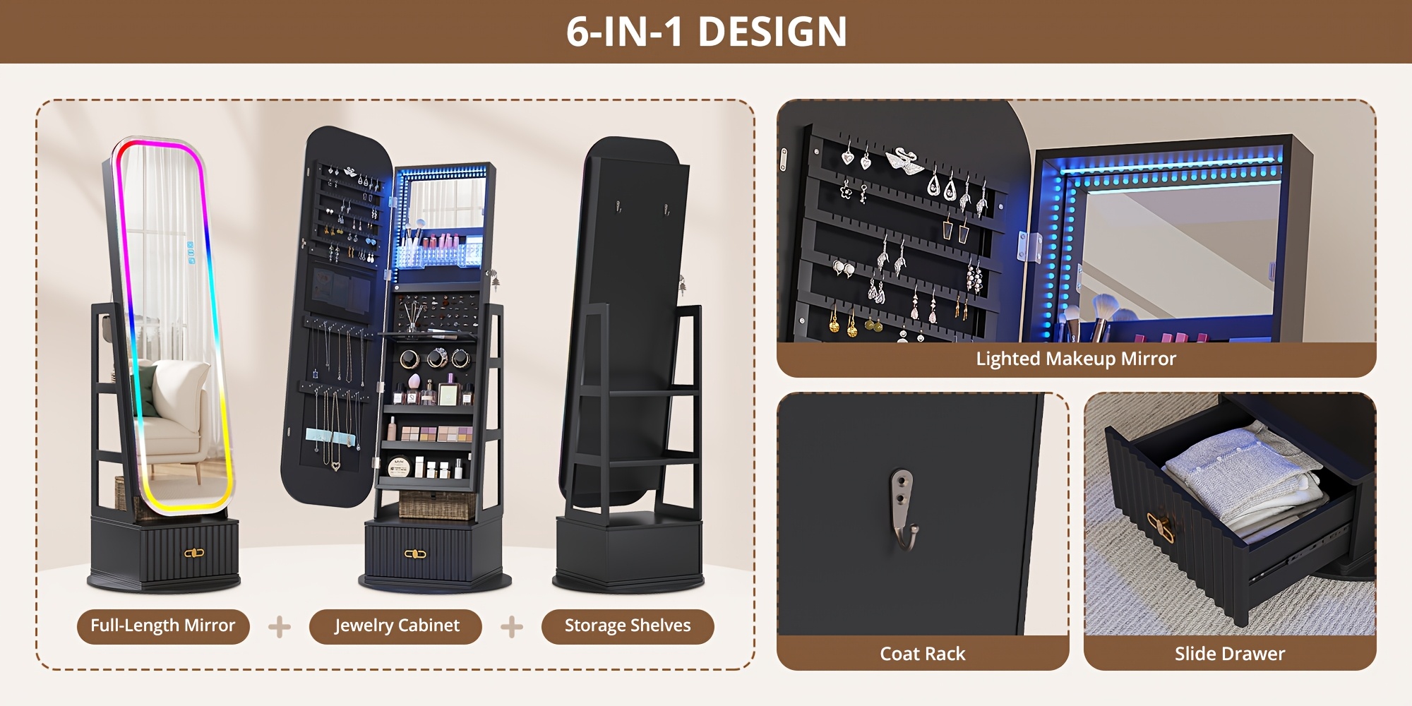 vintage inspired 360 swivel jewelry   cabinet with lights lockable full length organizer with storage drawer for bedroom decor Product details 2