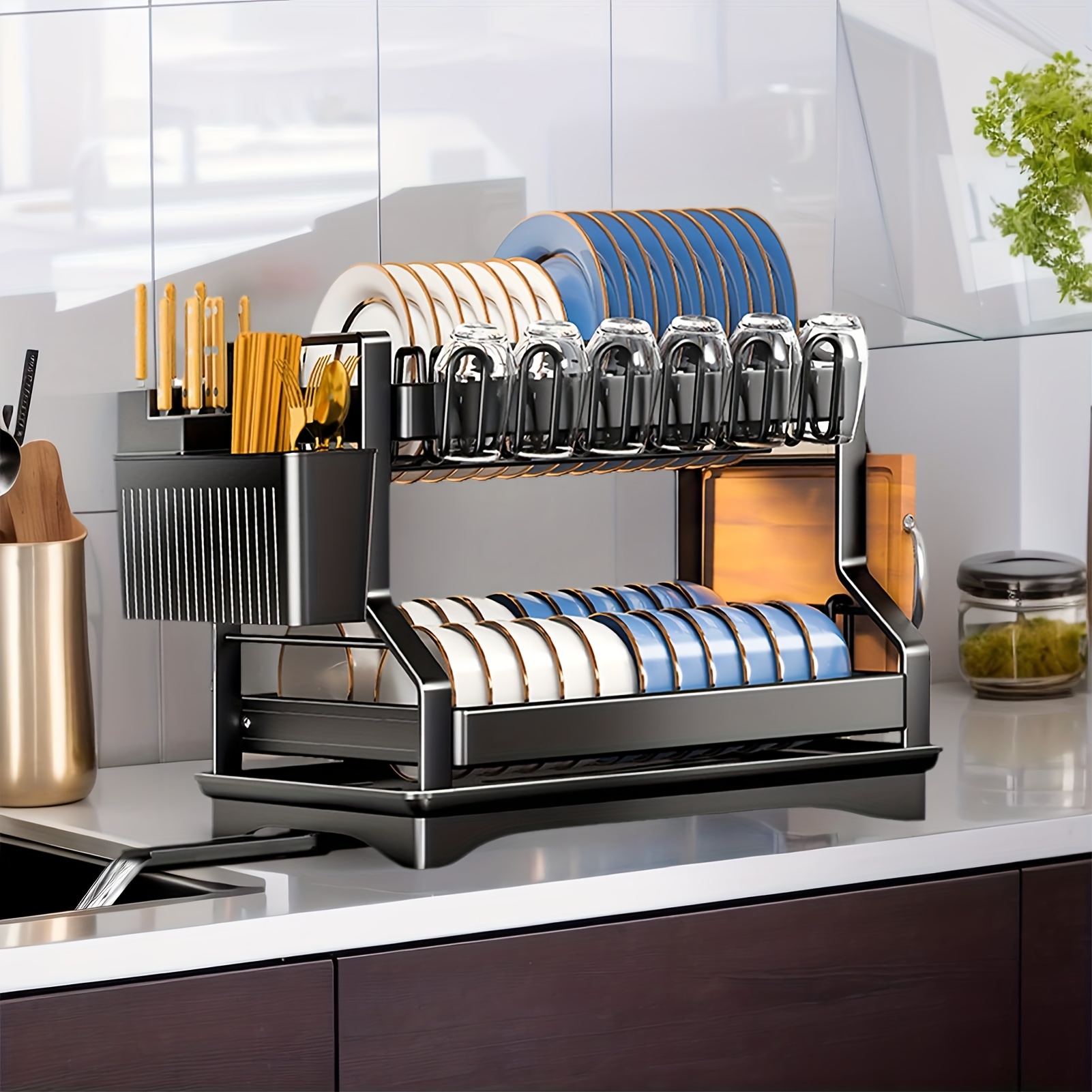 Two-tier Drainer With Drip Tray, Household Drainer With Swivel Spout, Drainer With Cutlery Rack And Drip Tray, Kitchen Storage Rack