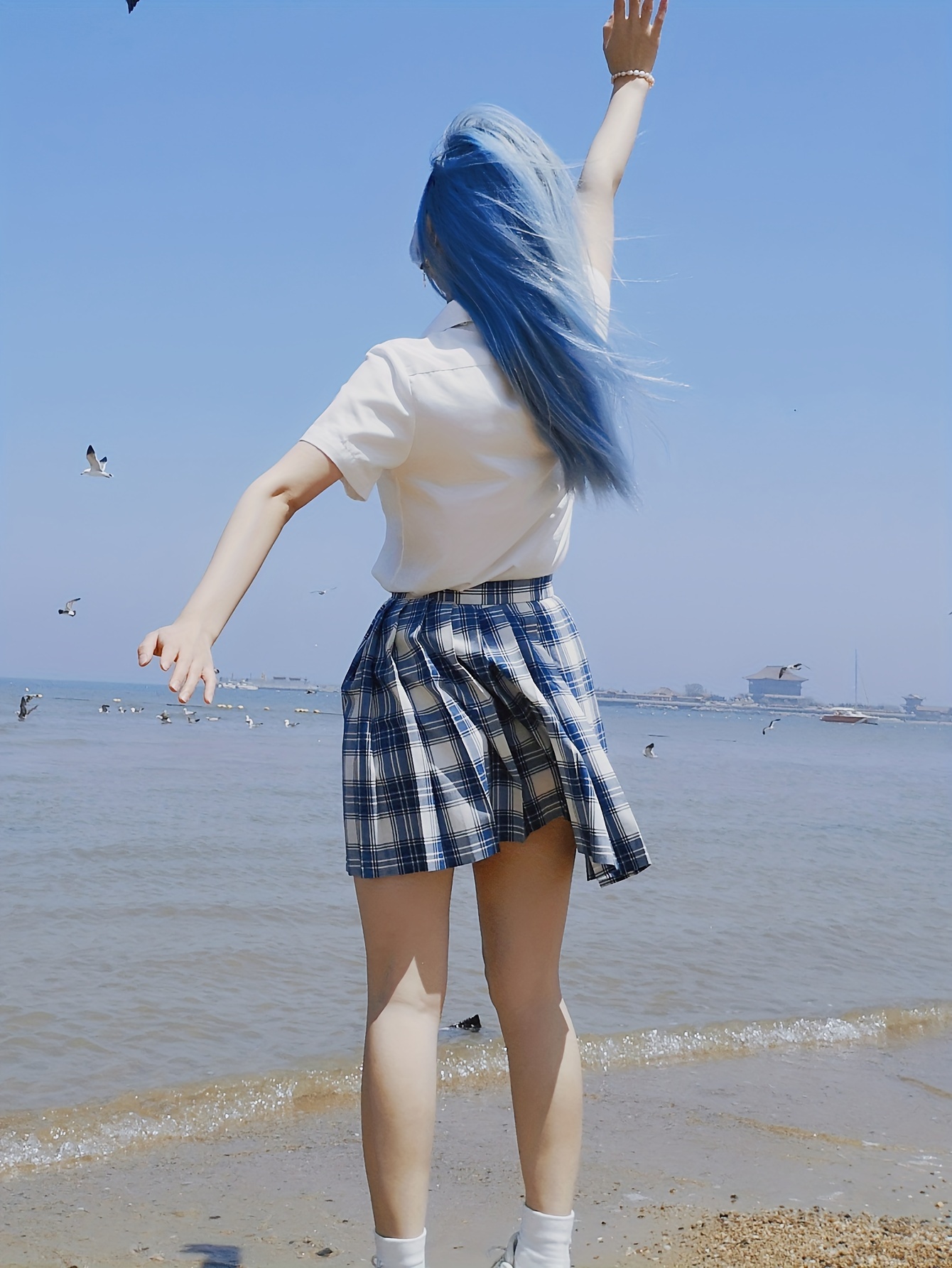 Japanese Korean Style JK Plaid Skirt for Women Blue White Grid Pleated  Skirt with Pockets, Machine Washable Versatile Outfit Accessory,