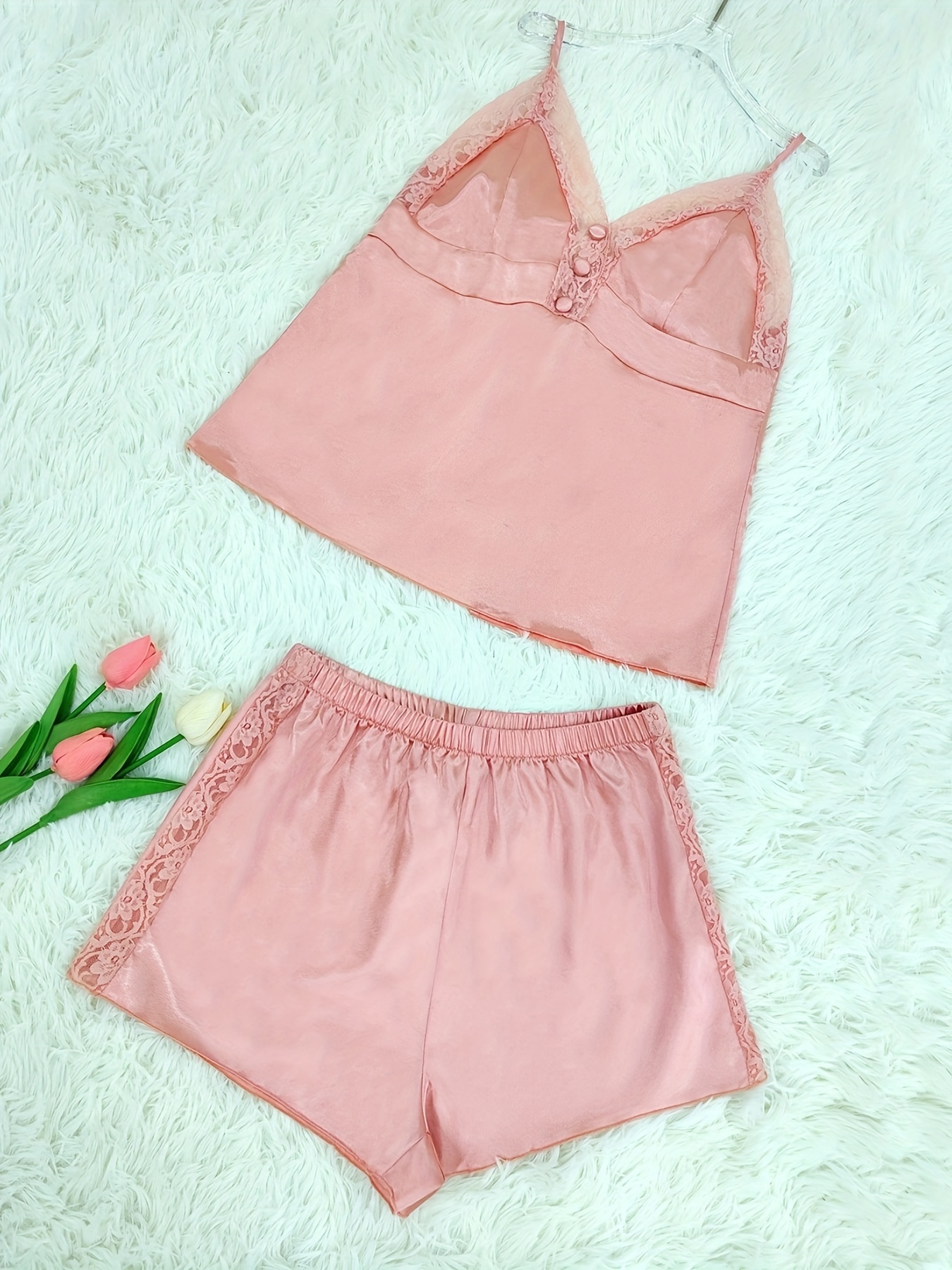 Sexy Lace Trim V Neck Pajamas Set, Comfort Satin Cami Sleepwear Top &  Shorts For Valentine's Gifts, Women's Lingerie & Sleepwear