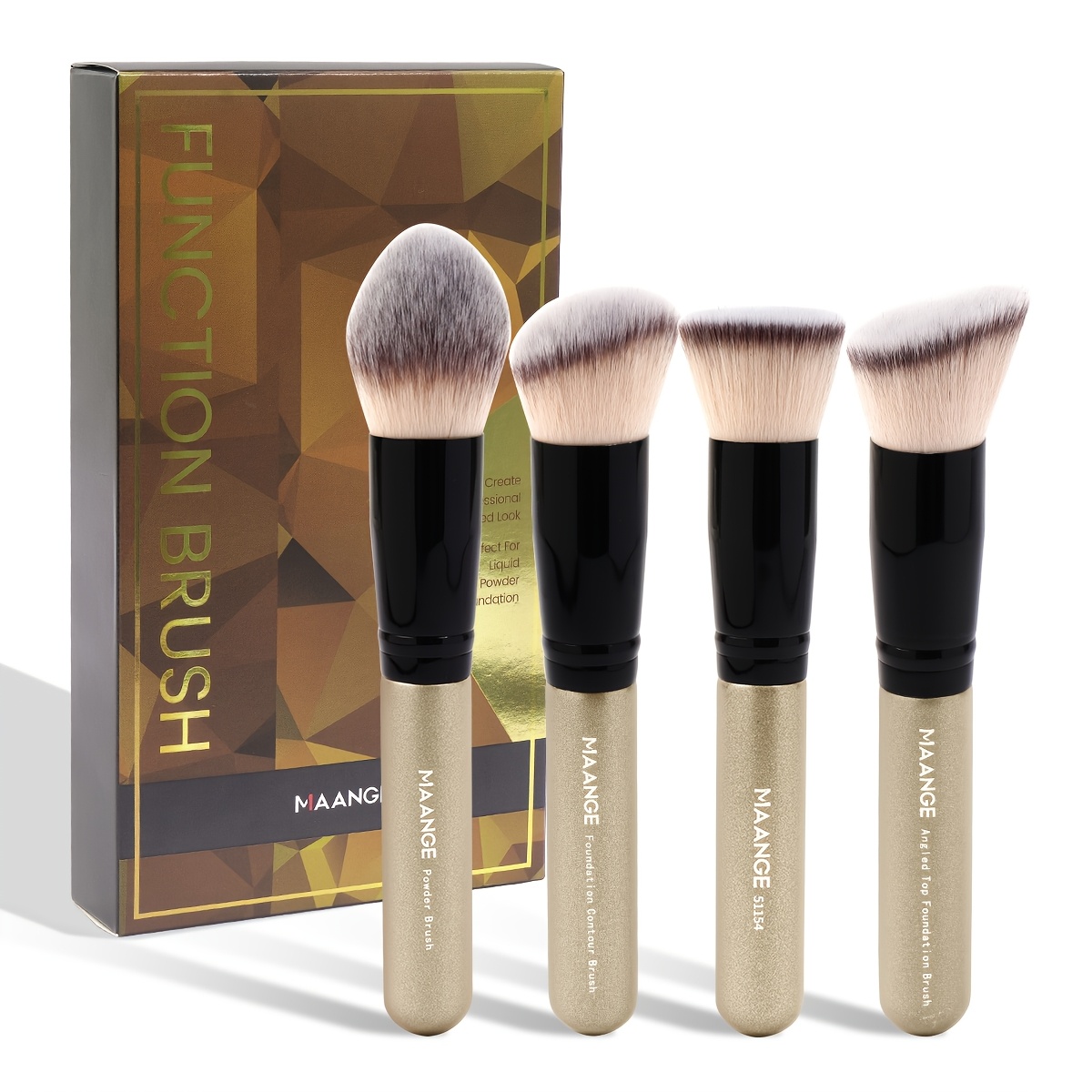 Maange 4pcs Foundation Brush With Box, Flat And Beveled And Round Foundation Brush, Soft Fiber, Carrying, Tools Beginner Gift, School Makeup Brush