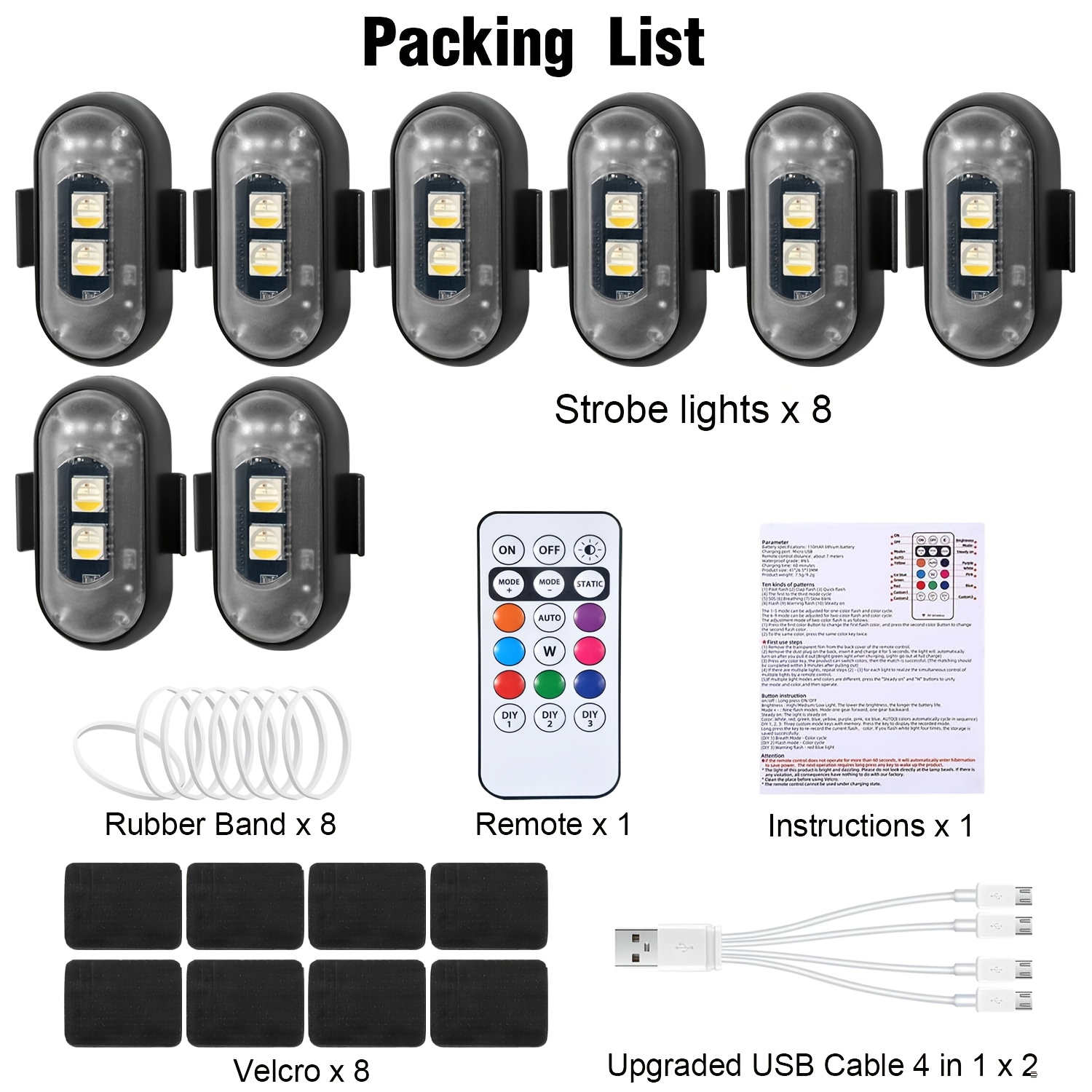 TEMU Set Of 6/8 Wireless Led Lights For Vehicles With Remote Control | Features 8 Colors, Rechargeable Via Usb, Ideal For Car Interiors, Trucks,