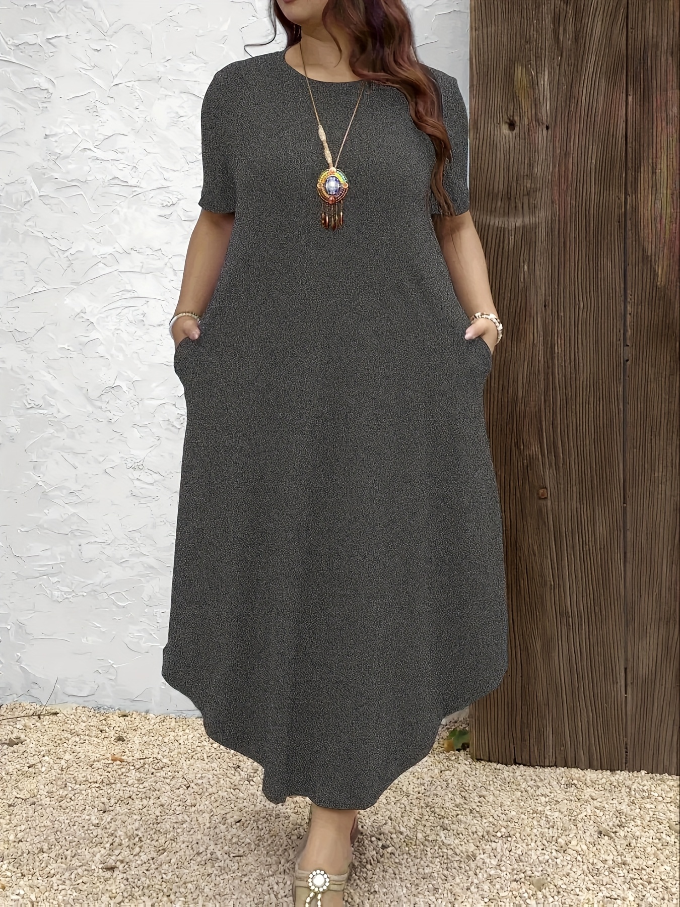 womens plus size elegant midi dress pockets navy blue short - Temu Germany