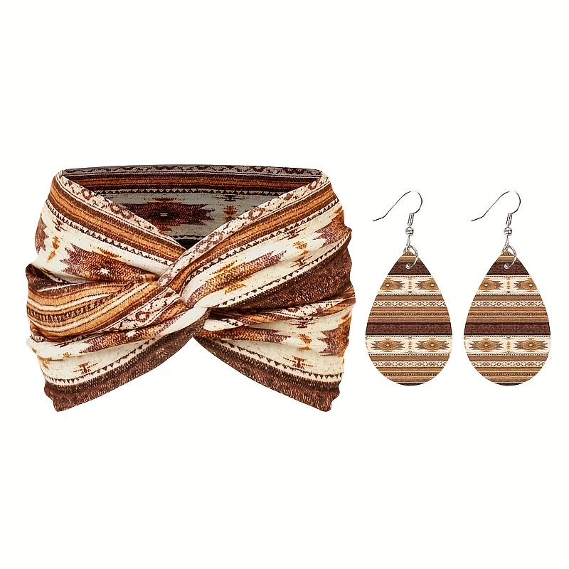 E-shop 3-teiliges/Set Bohemian Style 1 Stück Stirnband und 1 Stück Ohrringe, breiter Größe bedrucktes Mode Damen Stirnband Damen Ohrringe Set, geeignet