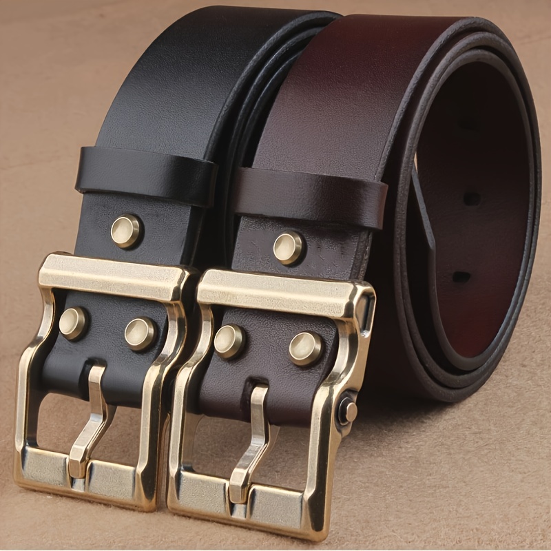 Durable Men's Leather Belt with Brass Square Buckle