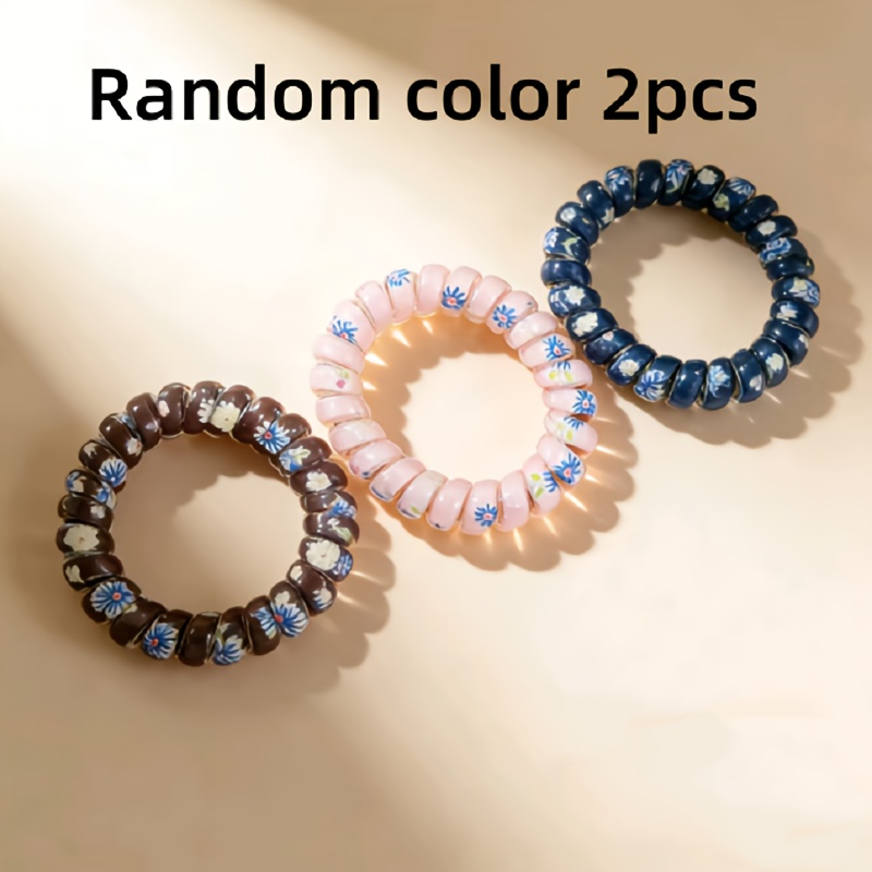 2pcs Random Color Telephone Line Hair Band Spiral Hair Band Rope Floral Pattern Hair Rope Ponytail Clip Elastic Seamless Hair Band Hair Accessories. Random Color