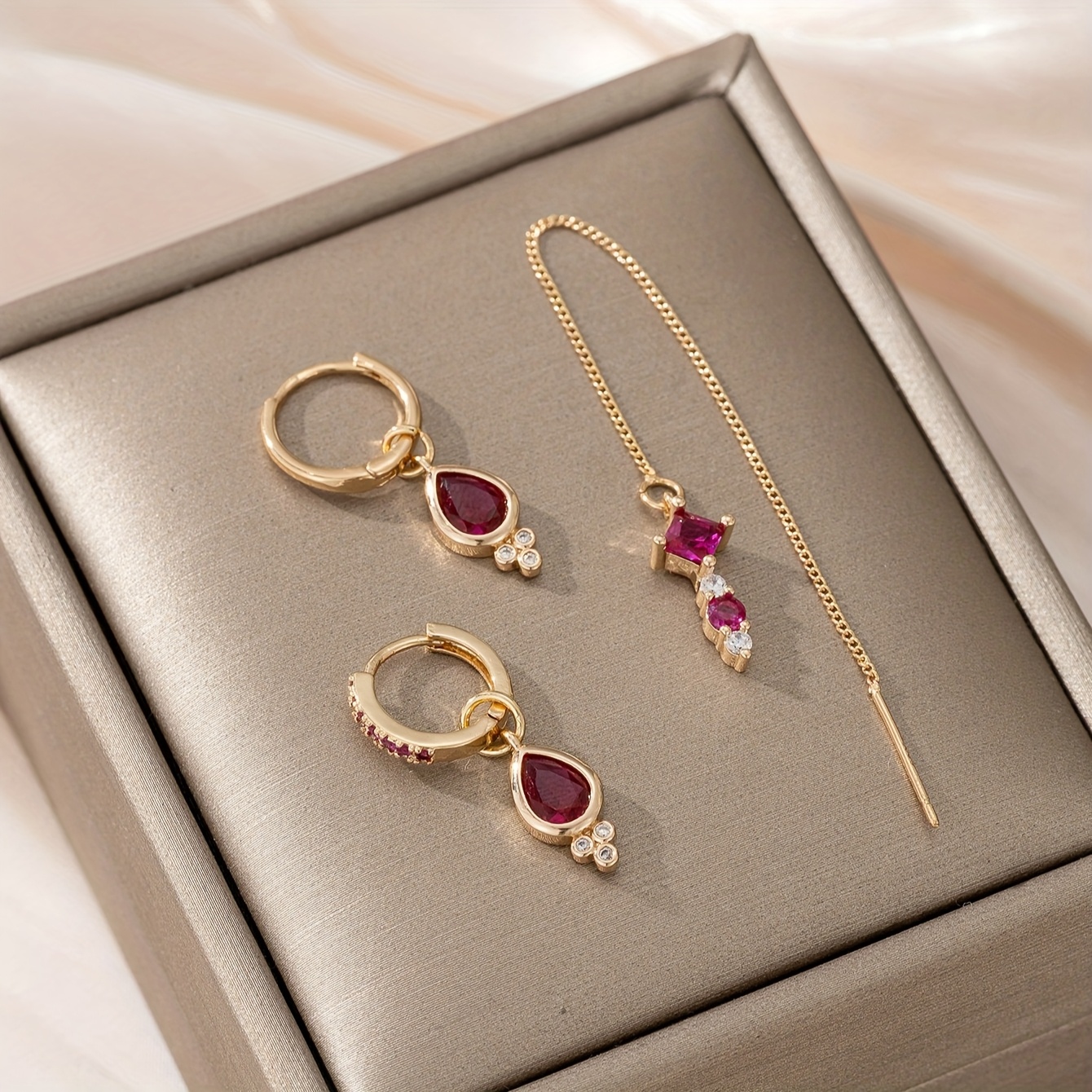 Image of 3pcs Women's Fashion Earring Set, Light Luxury Rose-colored Synthetic Zirconia Inlaid Drop Pendant Earrings, Stackable Pierced Earrings, Party Banquet Jewelry Additions, Valentine's Day Gift