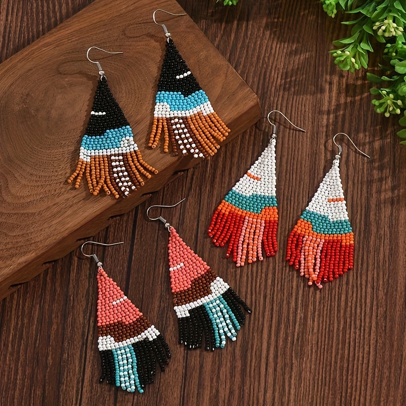 Women's Creative Trendy Long Woven Tassel Bead Earrings