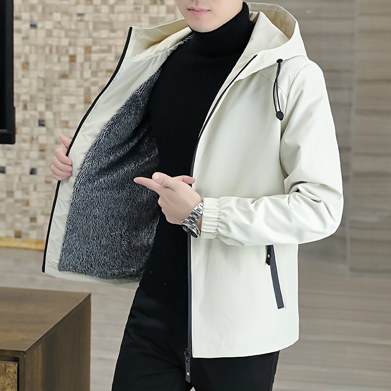 Chaqueta de polar para hombre, abrigo con cremallera resistente al viento para otoño, chaqueta con capucha casual, cálida y moderna, color sólido