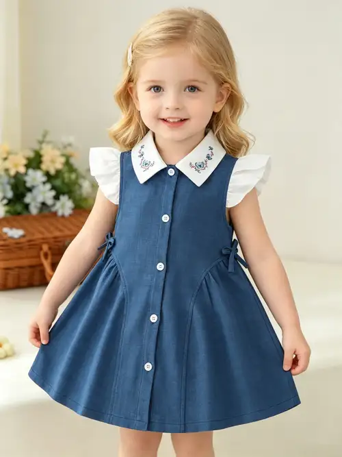 toddler denim dress Girls Embroidered Long Sleeve Dress, blue / 3T Ruffled Length Toddler Denim Little Denim Dress