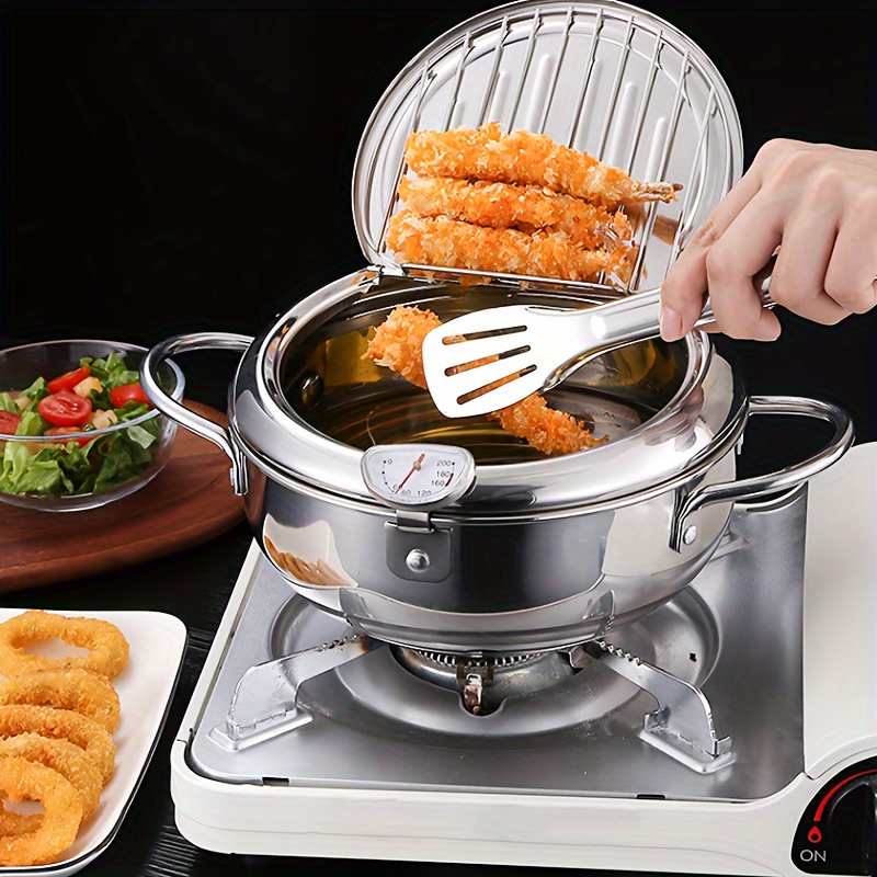 

304 Stainless Steel Tempura Deep Fryer Pot With Thermometer And Oil Draining Rack - Suitable For 3-5 People, Uncharged, With Temperature Control For French Fries, Fried Chicken