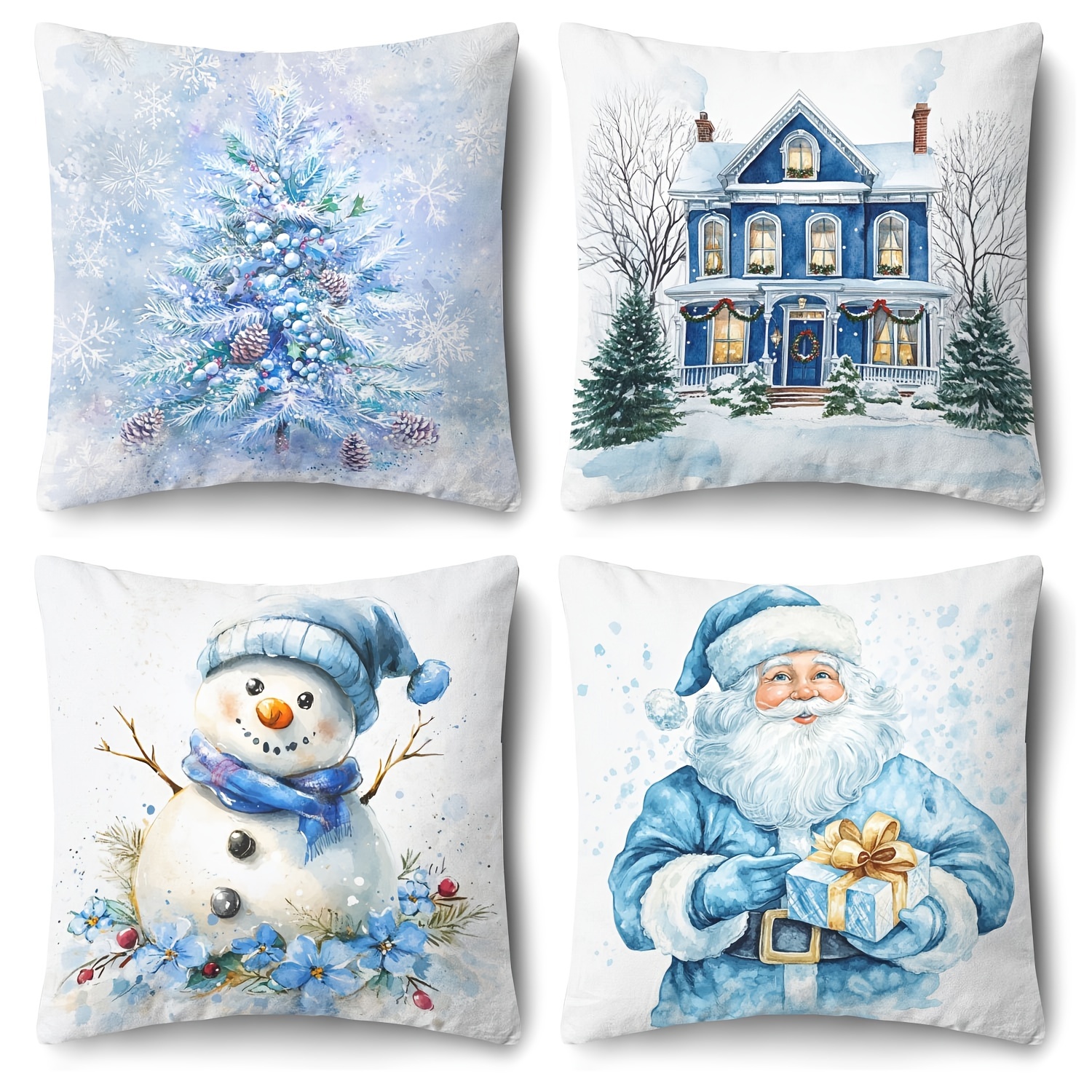 

4pcs Set, New Christmas Pillow, Santa Claus, Snowman, Christmas Tree Print, Blue, 18x18, Suitable For Living Room Sofa, Bed, Bedroom, Home Decoration, No Pillow Core