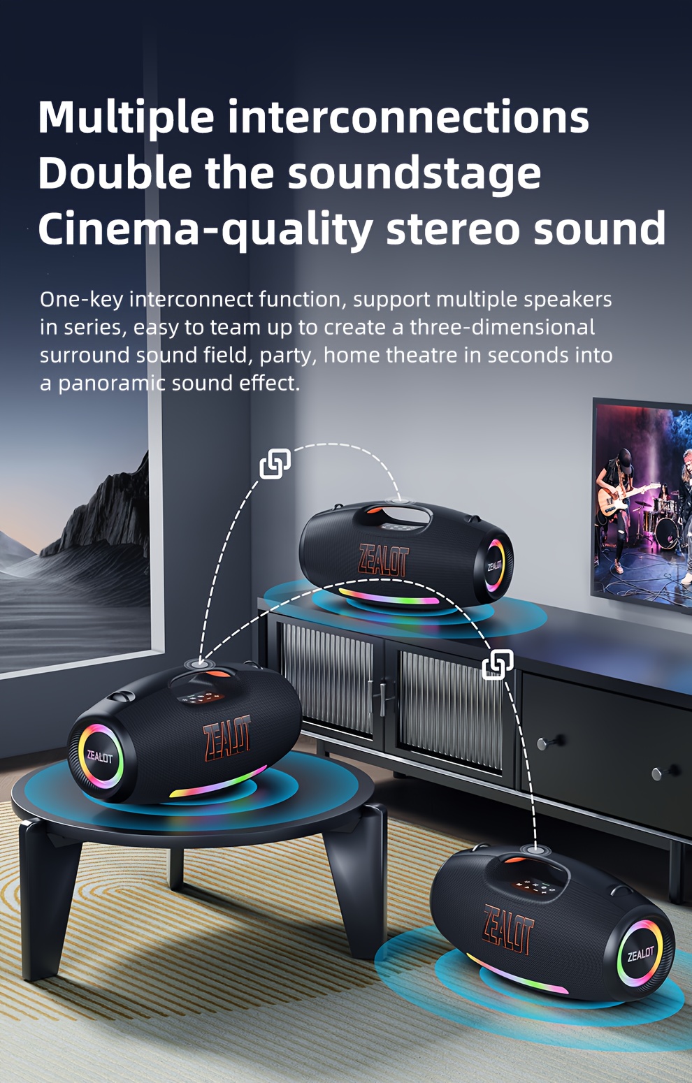  s89 250w wireless speaker outdoor portable 3d surround sound rgb color lights eq mode up to of time supports mobile phones tablets computers and tvs sd aux usb series dual pairing function suitable for Product details 6