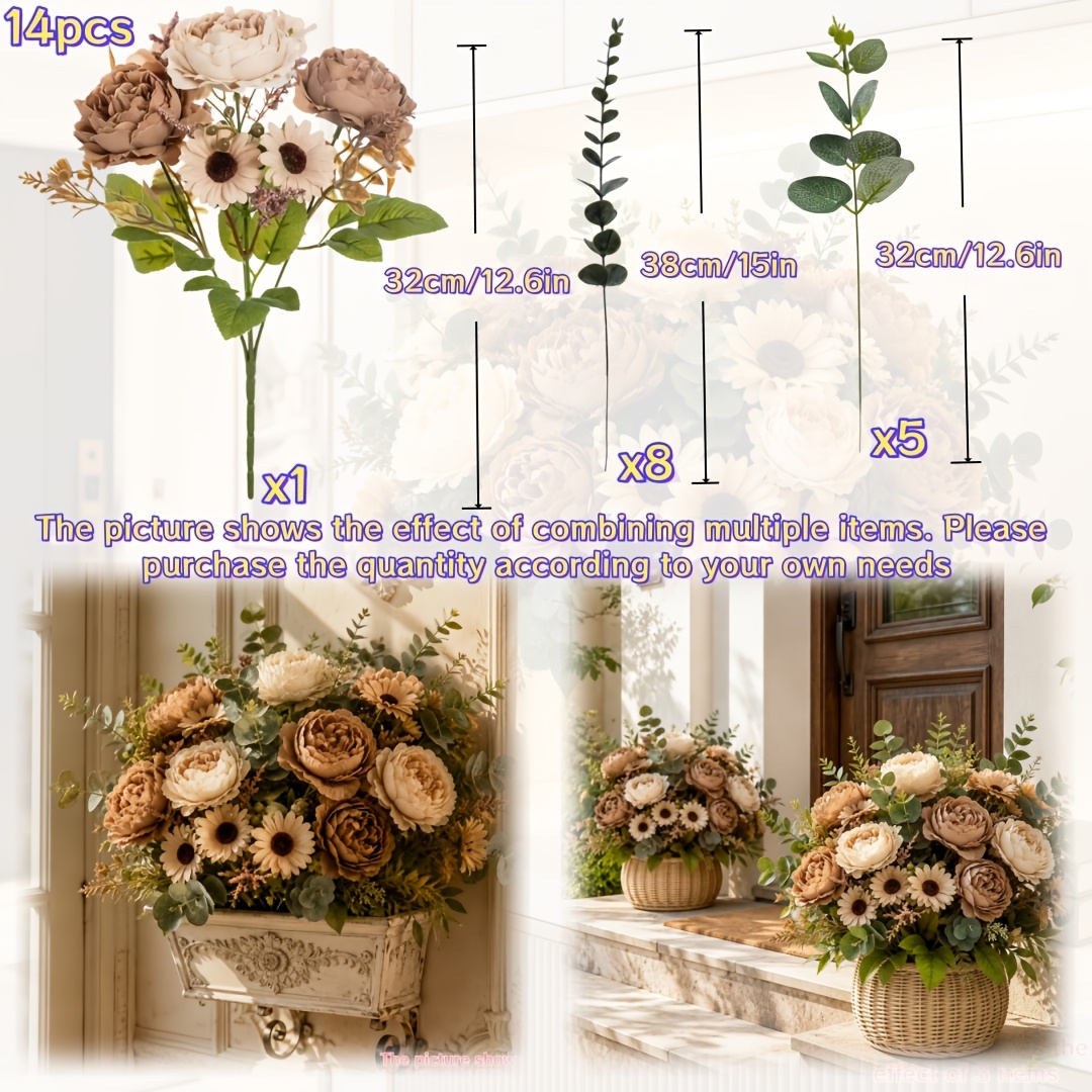 TEMU 14pcs Artificial Simulation Flower Set, Brown Peony Bouquet With Eucalyptus And Leaves, For Living Room Decor, Bathroom Decor, Courtyard, Wall