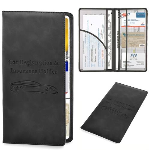 high quality black car document holder features a magnetic closure for storing registration license and insurance