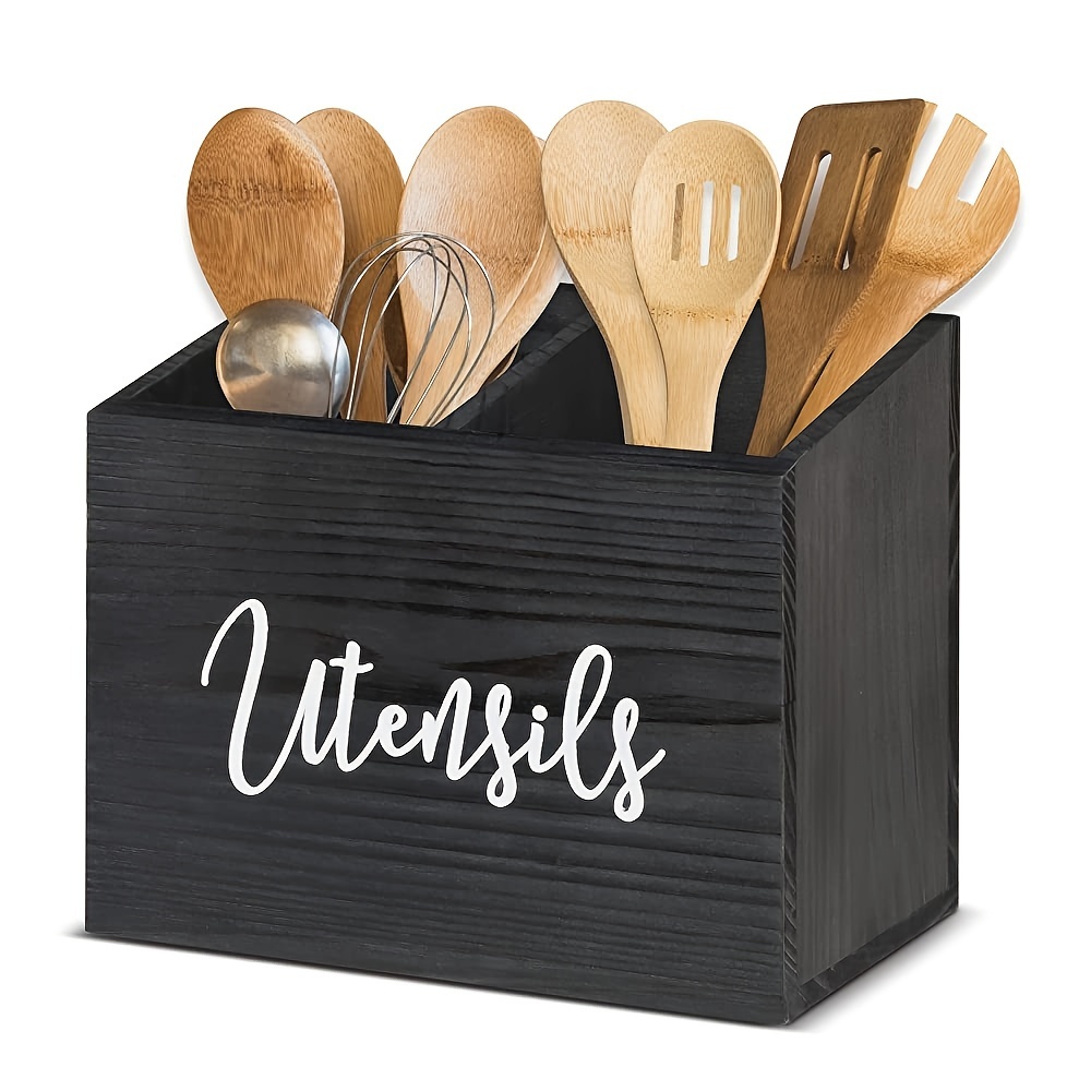 

Kitchen Utensil Holder With 2 Compartments, Farmhouse Kitchen Decor Utensil Holder, Rustic Silverware Utensil Caddy, Kitchen Countertop Organizer And Storage For Silverware Fork Spoon