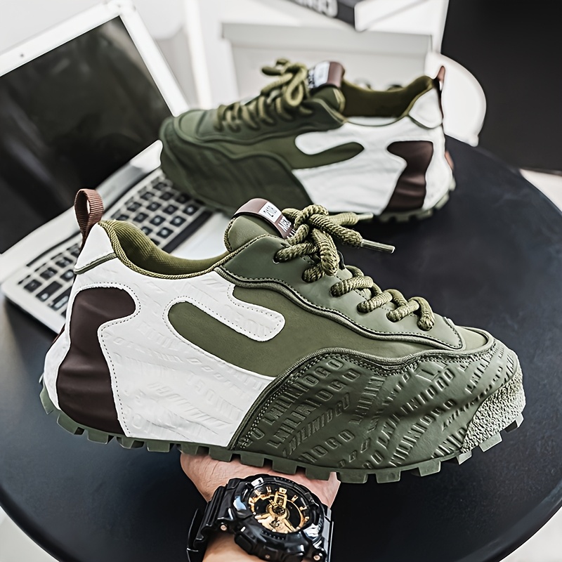 TEMU Men's Casual Sneakers - White, Olive Green & Brown, Lace-up, Round Toe, Footwear, Casual Footwear | Sneakers | Durable Footwear