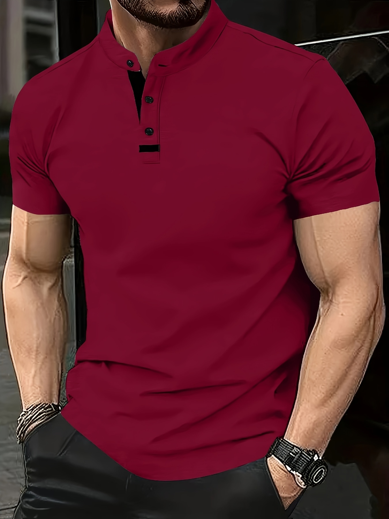 Plus-Size Men's Short-Sleeve Casual T-Shirt - Slight Elasticity, Classic Solid Color & Button Detail, Breathable Stand-Up Collar for Spring/Summer Wear, Stylish Plussize Top, PLUS SIZE