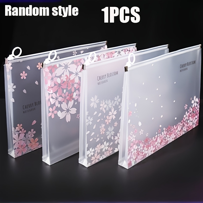 Random 1pc A4 Zipper File Folder - Transparent Pink Cherry Pattern, Suitable For Office, Home, Travel And Letter-sized Documents, Lightweight Decorative Storage And Organization