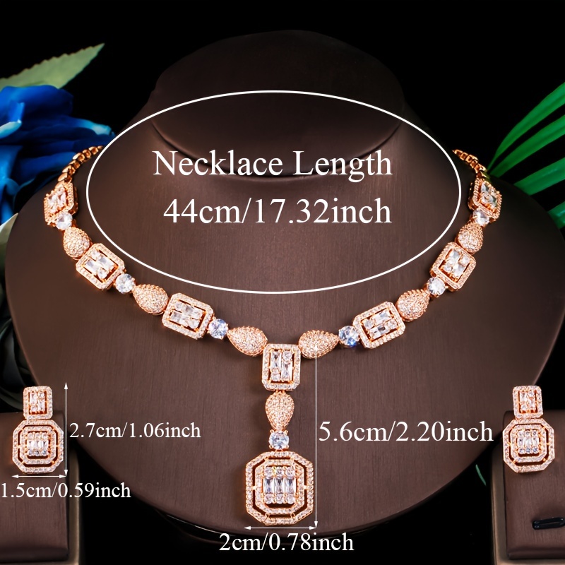 Golden Waterdrop & Rectangle Dangle Pendant Necklace Earrings Set