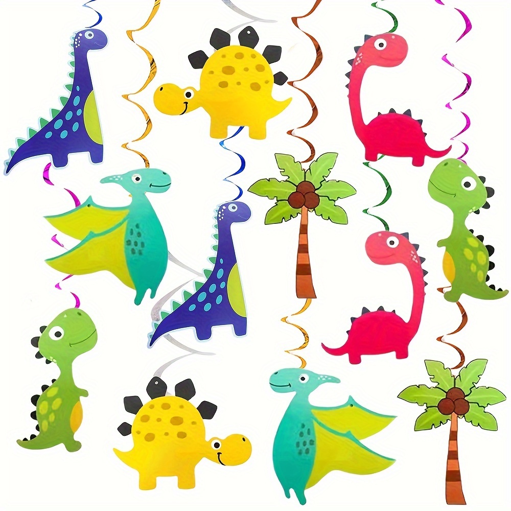 

24pcs Dinosaur Swirl Hanging Decorations - Cartoon Jungle Birthday Party With Palm Trees & Confetti, Fun Summer Garland For Showers, Birthdays & Themed Events