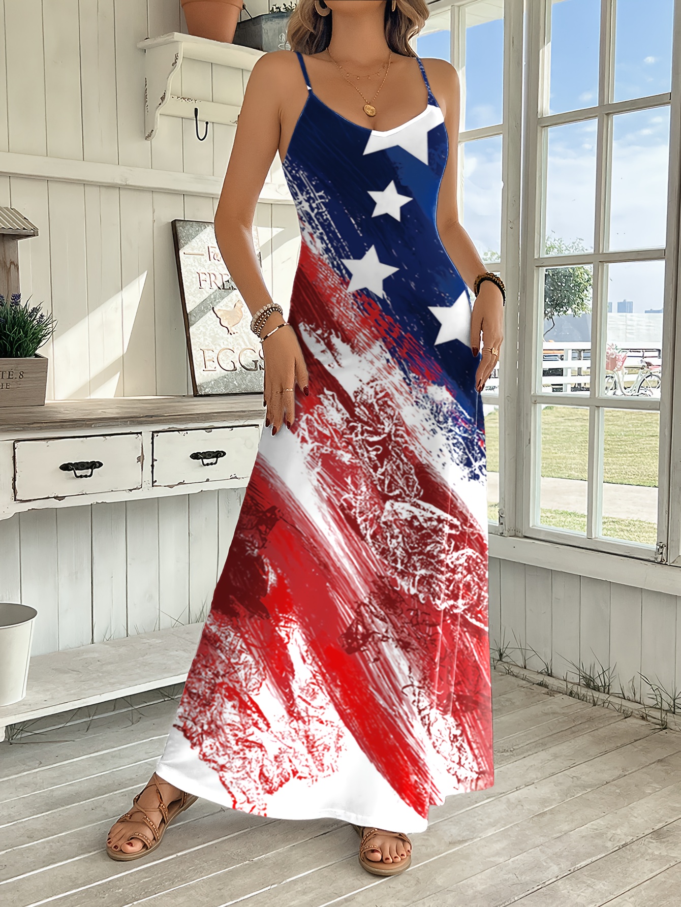 womens patriotic american flag print sleeveless v neck dress lightweight breathable a line long dress with   shoulder straps machine washable casual summer dress for spring summer   american flag clothes flowy fabric gown