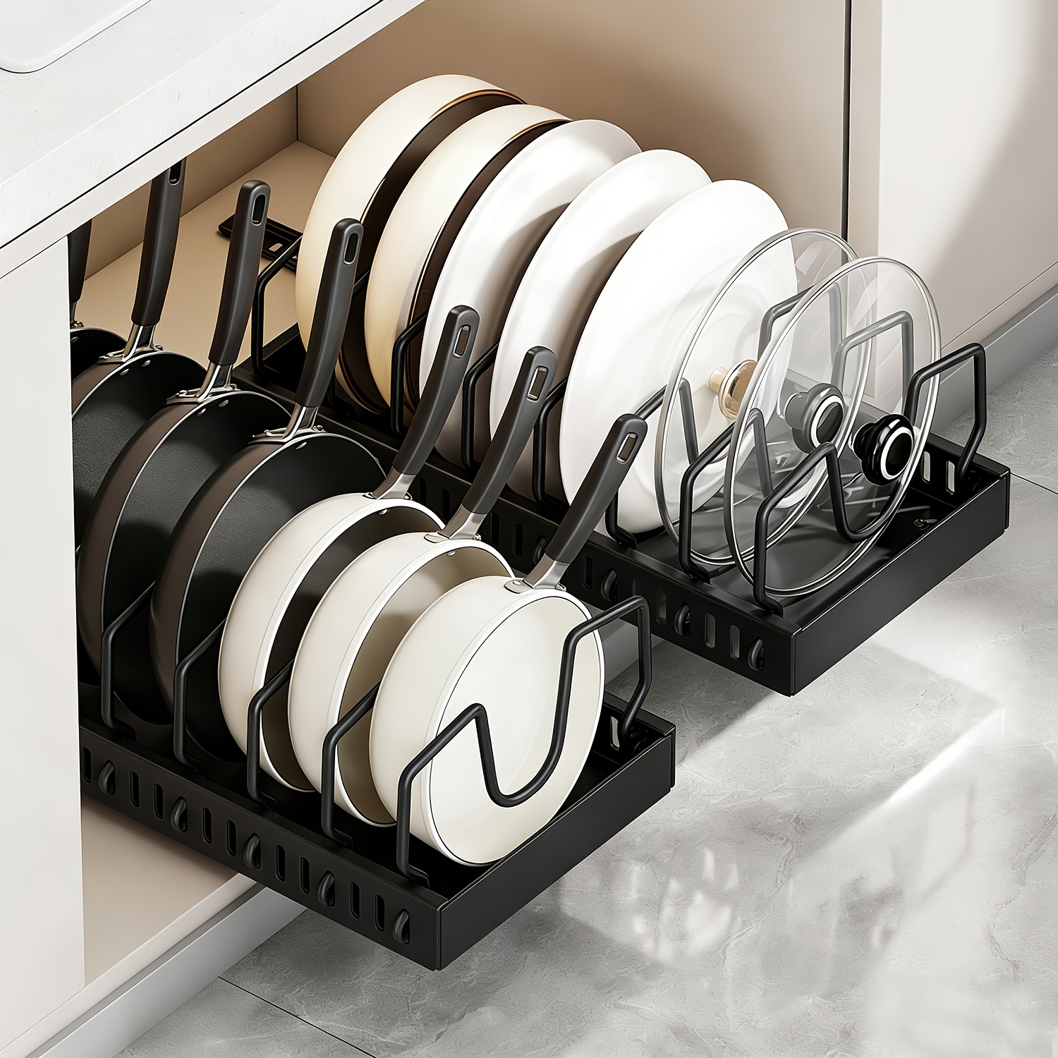 Image of 1pc/2pcs Pack Pull-out Pot Rack, Under-cabinet Organizer With 8 Adjustable Dividers, Pot Organizer For Kitchen Cabinets ()